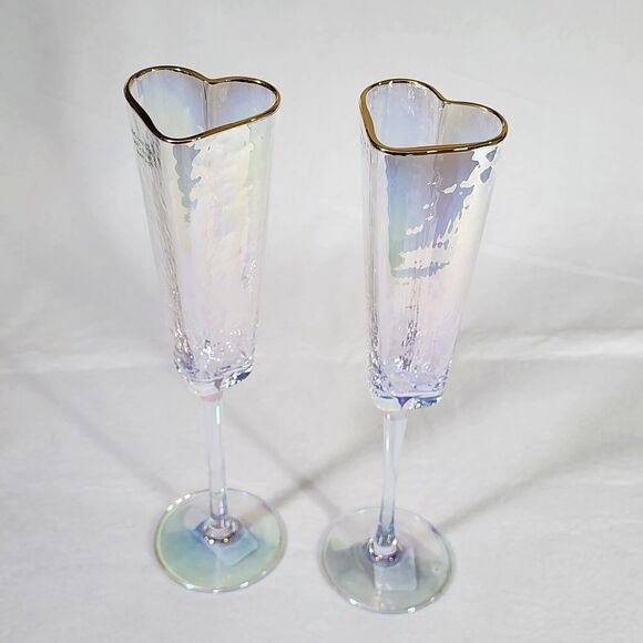 Heart Shape Gold Rimmed Iridescent Champagne Flute‎ Glass Drinkware 5oz Set Of 2 - Picture 8 of 16